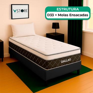 Imagem de Cama Box Baú Preto e Colchão Dallas Molas Vstore 78x188x20