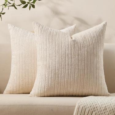 Imagem de Allorry Capas de almofada decorativas para sofá, 55 x 55 cm, conjunto de 2 capas de almofada de chenille brancas macias boho texturizadas, quadradas, para decoração moderna de casa de fazenda, sofá