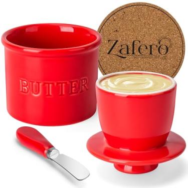 Imagem de Zafero Butter Crock - Prato Com Tampa Para Bancada, Faca E Porta-Copos, Recipiente Barrar, Suporte De Cerâmica Estilo Francês Manter Fresco Deixar No Balcão (Vermelho)