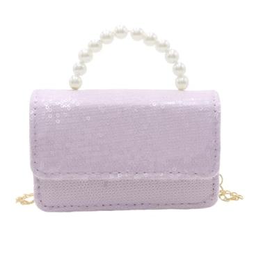 Imagem de BOLLEY JOSS Mini bolsa infantil de lantejoulas para meninas com alça de pérola, corrente dourada, bolsas transversais fofas para crianças pequenas, Quadrado-roxo, One Size