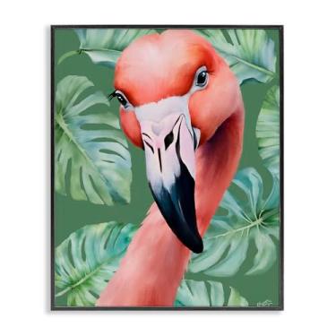 Imagem de Stupell Industries Retrato de flamingo com folhas de Monstera Design de arte giclée emoldurado preto por Elizabeth Medley, 61 x 76 cm