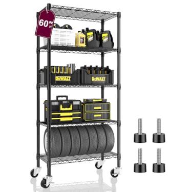Imagem de Prateleiras de arame de metal de 5 camadas com rodízios, rack de arame resistente de 340 kg, prateleiras de armazenamento ajustáveis para cozinha, garagem, despensa, 35,5 cm P x 76,2 cm L x 152 cm A