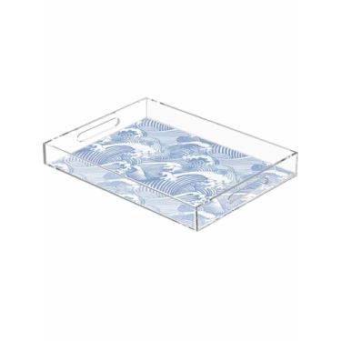 Imagem de Bandeja acrílica ondulada azul marinho abstrata com linhas do oceano, bandeja decorativa de plástico à prova de derramamento com alças para exibição de comida, organizador de bancada costeira de verão