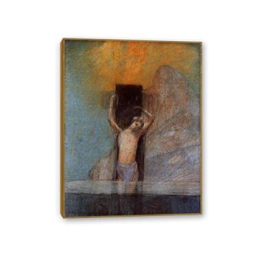 Imagem de Impressão artística em tela Joana d'Arc com pintura emoldurada esticada Giclee decoração de parede por Odilon Redon para sala de estar e quarto 55 x 40 cm (22 x 16 polegadas) moldura teca