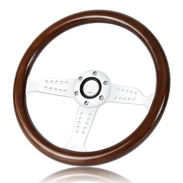 Imagem de QYMOPAY Volante De Corrida Madeira 14 Polegadas, Universal Com 6 Furos E Botões Buzina, Raios Multifuros Para Rally/Automobilismo/Simulador Carro