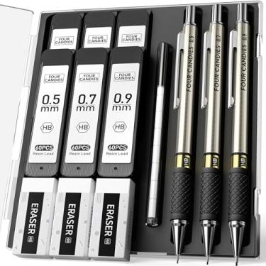 Imagem de Four Candies Conjunto de lapiseiras de metal - 3 peças de lápis de arte de 0,5 e 0,7 e 0,9 mm e 360 peças de refis de chumbo HB e 3 peças de borrachas e 9 peças de borracha, para desenho, escrita,