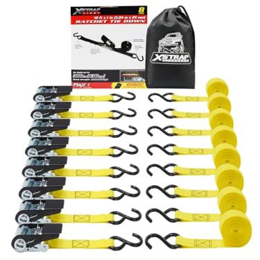 Imagem de XSTRAP STANDARD Correias catraca, força de ruptura de 408 kg, pacote com 8 tiras de amarração de catraca de 3 m, conjunto de tiras de amarração para motocicletas, aparelhos, equipamentos de gramado, correias logísticas de carga para caminhões (Amarelo)