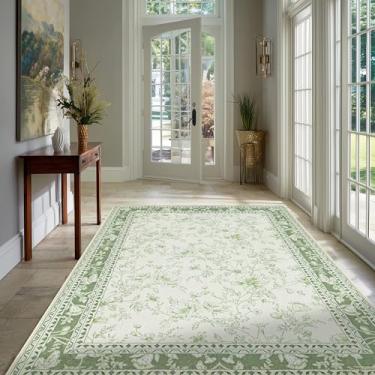 Imagem de Tapete pequeno verde 10 x 15 cm para sala de estar, bege creme e verde sálvia, tapete para cozinha, cabeceira, sala de jantar, lavanderia, entrada grande antiderrapante com suporte de borracha, Boho