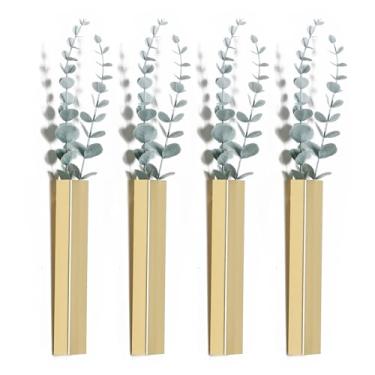 Imagem de Pretty Jolly Vaso de metal de eucalipto para decoração de parede moderno, boêmio, escultura de parede interna de flores artificiais para sala de estar, quarto, conjunto de 4 dourados