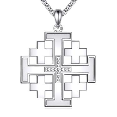 Imagem de Lattd Colar com cruz de Jerusalém, prata esterlina 925, pingente de cruz de Jerusalém, joia cristã para homens, com corrente de aço inoxidável 56 cm + 5 cm