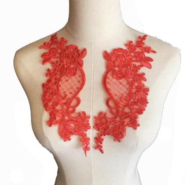 Imagem de Lmlliang 1 par de apliques de flores de renda – acabamento de renda bordado com motivo floral costurado para roupas DIY, vestidos de casamento, artesanato e decorações, vermelho