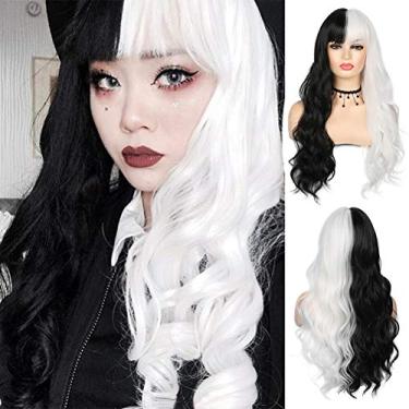 Imagem de Sallcks Peruca branca preta longa encaracolada ondulada dividida em 2 tons com franja, peruca sintética para cosplay de Halloween para mulheres