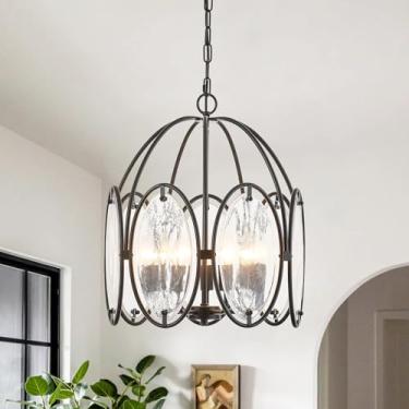 Imagem de MERCASA Lustre preto moderno tambor de vidro pingente de teto luminária grande luxo casa de fazenda lustre pendurado 45,7 cm para sala de jantar, hall de entrada, quarto, sala de estar, vidro
