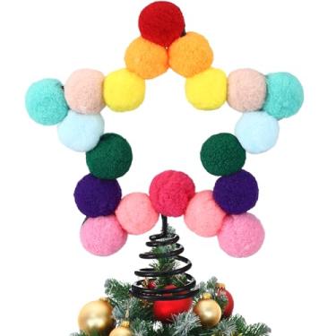 Imagem de RoundFunny Mini bola de feltro arco-íris estrela árvore de Natal pequena bola de feltro colorido pompom 12 x 15 cm, enfeite de árvore de Natal colorido de cinco pontas para decoração