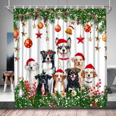 Imagem de QWRSMYX Cortinas de chuveiro de Natal engraçadas cachorro verde árvore de Natal galhos vermelho bola de Natal floco de neve animal fofo tecido de férias de inverno com ganchos para decoração de
