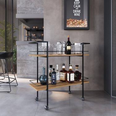 Imagem de Carrinho Bar Estilo Industrial com 2 Prateleiras Preto/Mel
