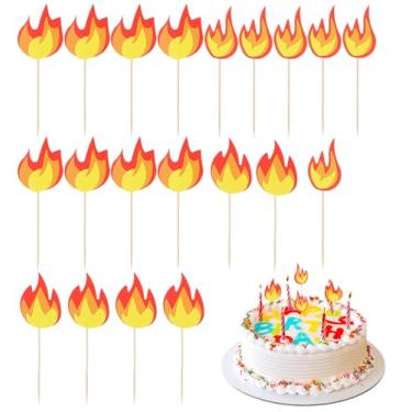 Imagem de Fire Truck Cake Topper, 20 Pcs Flame Decorations with Wooden Sticks, Fire Theme Supplies for Kids Birthday Party Cupcake Decor