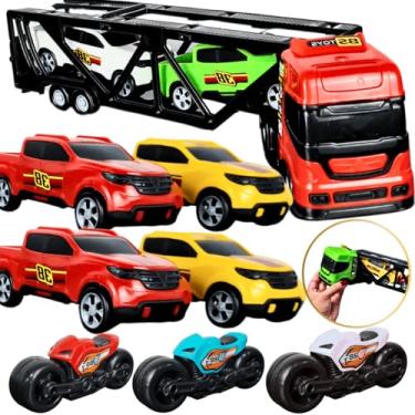 Imagem de Kit Brinquedo Infantil 8 Peças, Caminhão Cegonha com 4 Carrinhos Pick Up e 3 Motos, Multicolorido