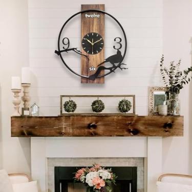 Imagem de Relógio de parede de casa de fazenda de madeira com círculo de metal, silencioso, sem tique-taque, operado por bateria, rústico, redondo, moderno, grande relógio de parede de madeira para sala de