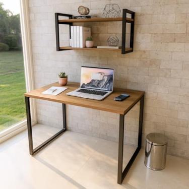 Imagem de Kit Home Office Mesa Escrivaninha Industrial com Prateleira 100x50cm 100% MDF Premium Freijó e Aço Preto