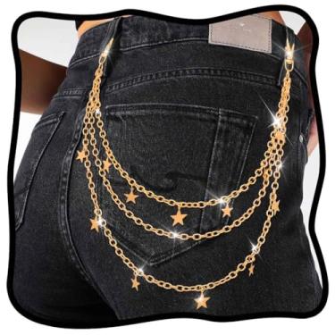 Imagem de Urieo Corrente de calça jeans punk com pingente de corrente dourada multicamadas gótica hip hop com bolso para mulheres