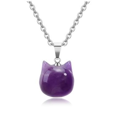 Imagem de Top Plaza Colar De Cristal Ametista Com Gato Para Mulheres, Pingente Fofo Pedra Preciosa Natural, Cristais Cura, Joias, Presentes, Proteção, Boa Sorte, Atração Dinheiro
