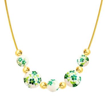Imagem de XUN Zhe Colar de contas florais de porcelana colorida, espaçadores dourados, corrente de cobra delicada, gargantilha de cerâmica, joias modernas para presentes femininos, Narmal, Liga de aço, Sem