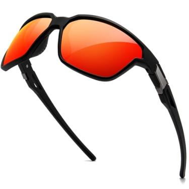 Imagem de SUNGAIT Óculos de sol esportivos polarizados masculinos estilo quadrado clássico para dirigir, correr, pescar, Armação preta fosco/lente espelhada vermelha