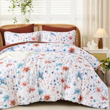 Imagem de Luxudecor Conjunto de edredom King floral de terracota, 7 peças, lençol com estampa de folhas de flores em um saco, conjunto de cama de microfibra macia 264 x 228 cm