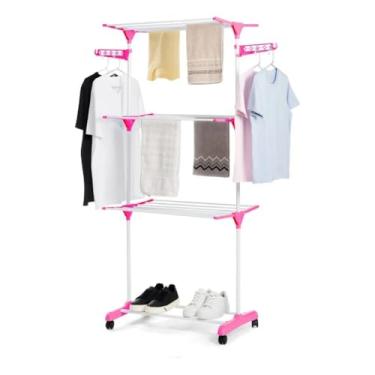 Imagem de Varal Chão 3 Andares Roupa 4 Rodas Dobrável Reforço Retrátil(Rosa)