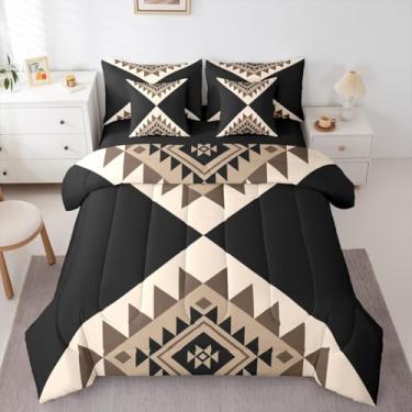 Imagem de Erosebridal Conjunto de edredom Queen abstrato preto bege para adultos, mulheres, homens, moderno, boêmio, ocidental, asteca, em uma bolsa, geométrico, listras, conjunto de cama de 7 peças, arte