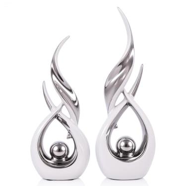 Imagem de 2 peças de estátuas de cerâmica prata branca para decoração de casa, esculturas de arte abstrata moderna, objetos decorativos de mesa elegantes para sala de jantar, entrada, suporte de TV, cornija
