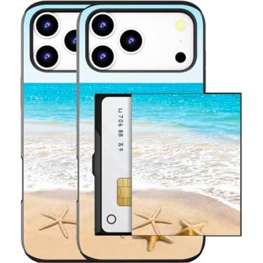 Imagem de MUQR Capa para celular 17 Pro compatível com suporte de cartão fofo - Design Kawaii, proteção contra quedas de nível militar, capa tipo carteira robusta para mulheres (preto praia estrela-do-mar verão