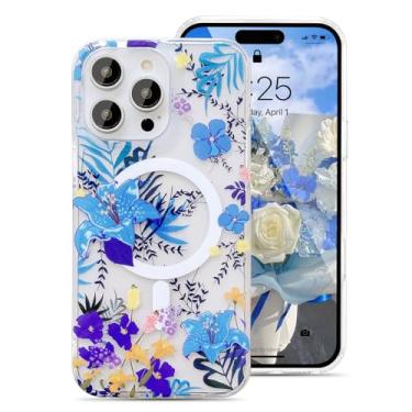 Imagem de UEEBAI Capa magnética para iPhone 16 Pro Max, capa de flores compatível com MagSafe, capa de telefone floral bonita com carregamento sem fio, flores luxuosas, antiamarelamento, capa transparente para
