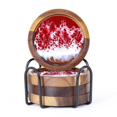 Imagem de Muliti FL Conjunto de 4 porta-copos de madeira de resina feito à mão, porta-copos com suporte para mesa de centro, ondas do oceano vermelho, madeira de acácia natural, absorvente para cozinha de bar