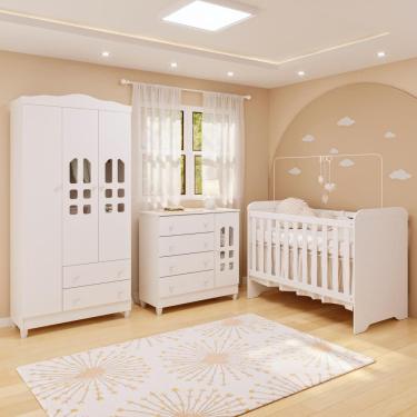 Imagem de Quarto de Bebê Guarda Roupa 3 Portas Cômoda Selena Berço 3 em 1 Gabrielle Branco Carolina Baby
