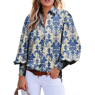 Imagem de Camisa feminina elegante, manga lanterna, decote em V, estampa Paisley