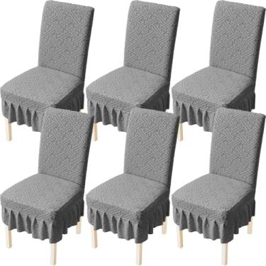 Imagem de AOSCTELF Conjunto de 6 capas de assento elásticas com bainha de saia, capas de cadeira elásticas laváveis para sala de jantar, restaurante, banquete - cinza