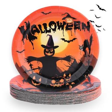 Imagem de 24un Pratos Papel Halloween, 22,5x1,5cm Pratos Papel Tema Terror cNão Reutilizável com Abóbora Morcego Chapéu Bruxa Espantalho Túmulo Elementos para Festa Halloween(Laranja e Preto)