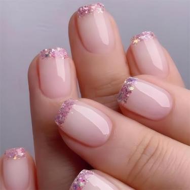 Imagem de Unhas postiças quadradas curtas rosa com glitter ponta francesa unhas postiças com design brilhante unhas acrílicas prensadas cola nude em unhas fofas cobertura completa para mulheres, 30 peças