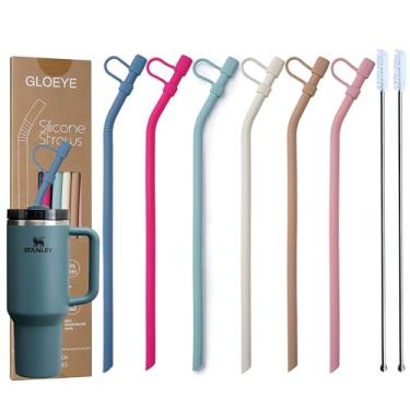 Imagem de GLOEYE Canudo de substituição de silicone extra longo de 30,5 cm com capa para Stanley Owala 30/32/1,134 g copo/copo, pacote com 6 canudos reutilizáveis flexíveis dobrados com tampa/tampa removível