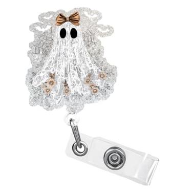 Imagem de 1 clipe retrátil de acrílico para crachá de fantasma fofo com suporte de cartão de identificação giratório de 360°, carretel de crachá com glitter, porta-crachá de identificação assustador para