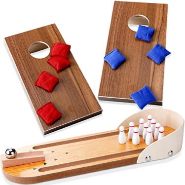 Imagem de Jexine Conjunto de 3 mini jogos de boliche de mesa, conjunto de buraco de milho, jogo de mesa de mesa, jogo de boliche de madeira, portátil, mini mesa de trabalho, buraco de milho, presentes
