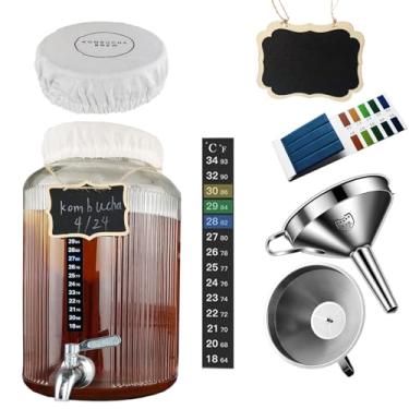 Imagem de Mapeoes Kit de frasco de vidro de 1,5 galão para Kombucha e junho - com torneira de aço inoxidável, tiras de teste de pH, faixa de temperatura, capa de pano, funil com filtros | Perfeito para