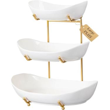 Imagem de Tigela de frutas grande para balcão de cozinha - Cesta de frutas de cerâmica de 3 camadas com suporte de metal, suporte de frutas em camadas para bancada, decoração de cozinha e acessórios