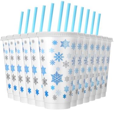 Imagem de Potchen 12 peças de copos de plástico de flocos de neve de inverno de 680 g reutilizável com tema de congelamento de Natal com tampas, canudos, copos de suco reutilizáveis para chá de bebê no país das