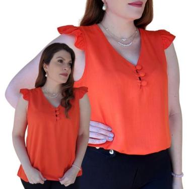 Imagem de Blusa Social Regata Babado Bufante Feminina Botões Tecido Viscolinho -