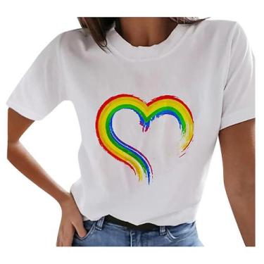 Imagem de Camisetas femininas arco-íris estampadas divertidas camisetas O Neck v