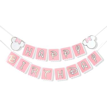 Imagem de Faixa de feliz aniversário com tema de mouse rosa, decoração de festa infantil feminina para aniversário ou chá de bebê, tema rosa doce para decoração de parede (faixa de feliz aniversário)