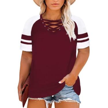 Imagem de Camiseta feminina Happy Sailed plus size com decote em V listrada 4x v